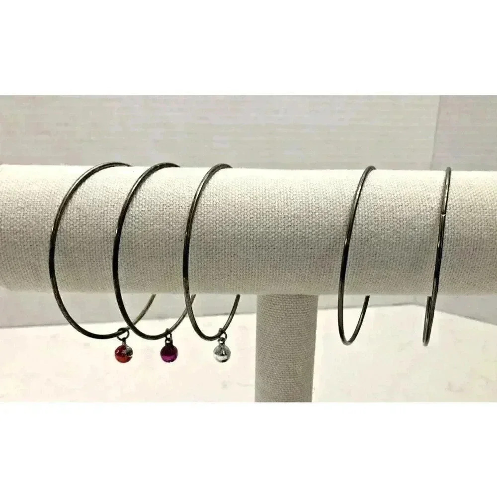 Lot of 5 Bangle Bracelets Silver Tone Bell Dangles Stackable Bohemian Hippy